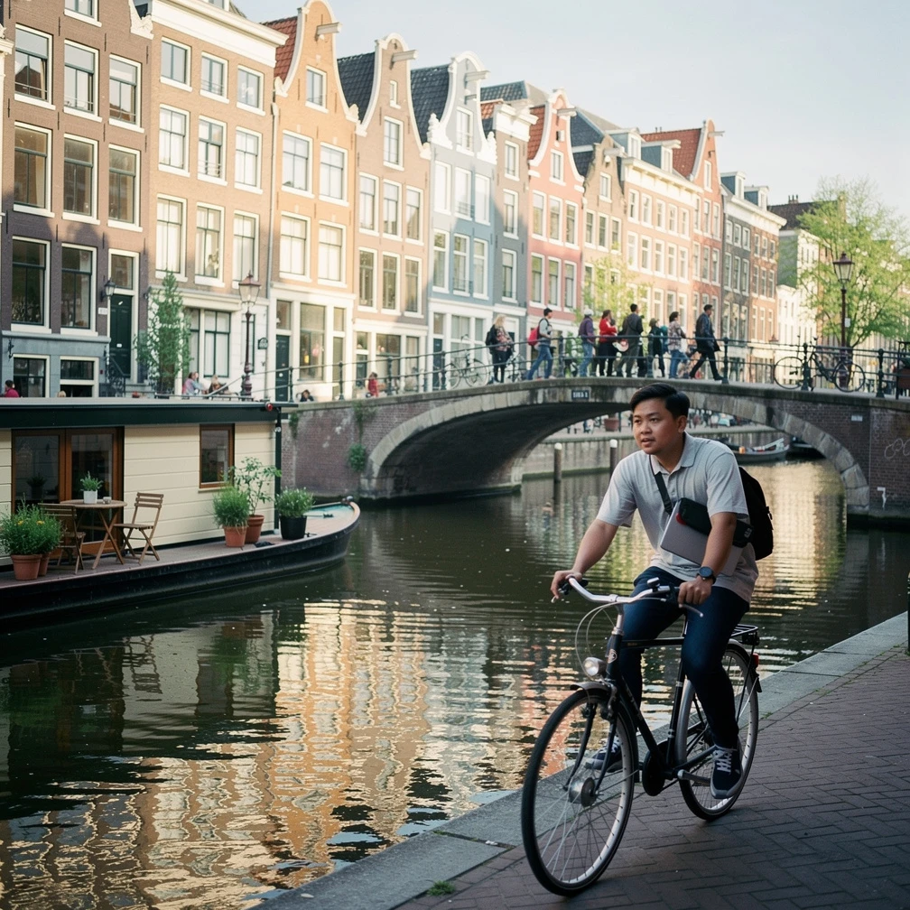 Mahasiswa Indonesia bersepeda di kanal Amsterdam