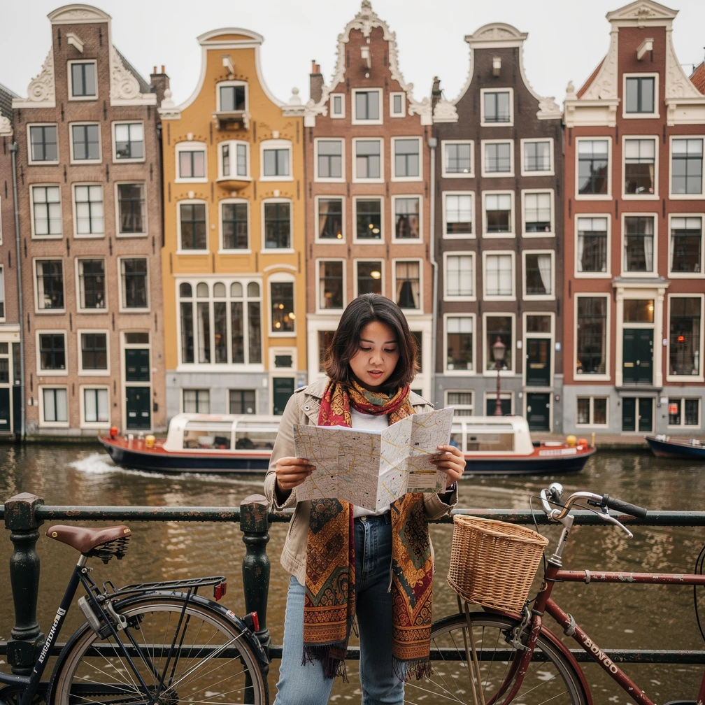 Mahasiswa Indonesia berdiri di tepi kanal Herengracht Amsterdam, melihat peta, dengan deretan rumah kanal Belanda yang ikonik di latar belakang