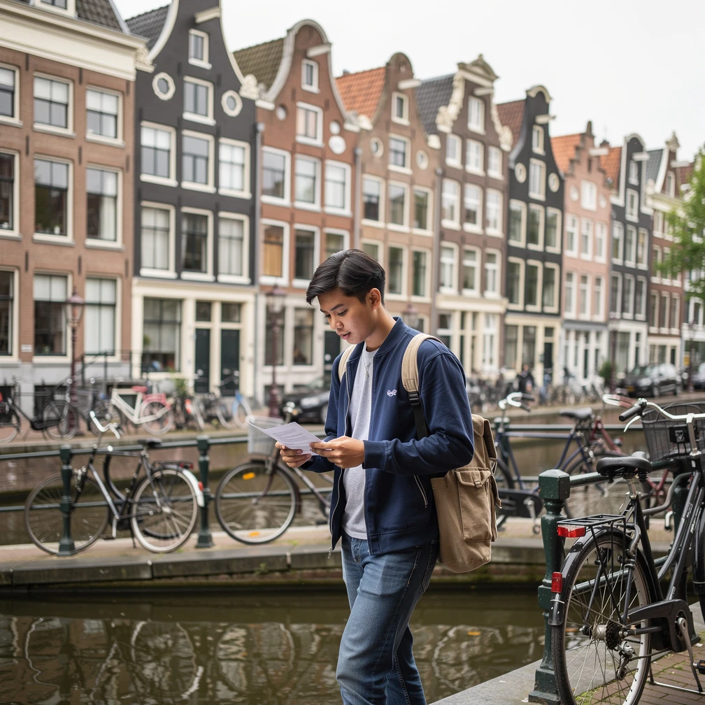 Mahasiswa Indonesia berjalan di sepanjang kanal Amsterdam dengan deretan rumah khas Belanda di latar belakang. Beasiswa BIM Magang Luar Negeri 2026.